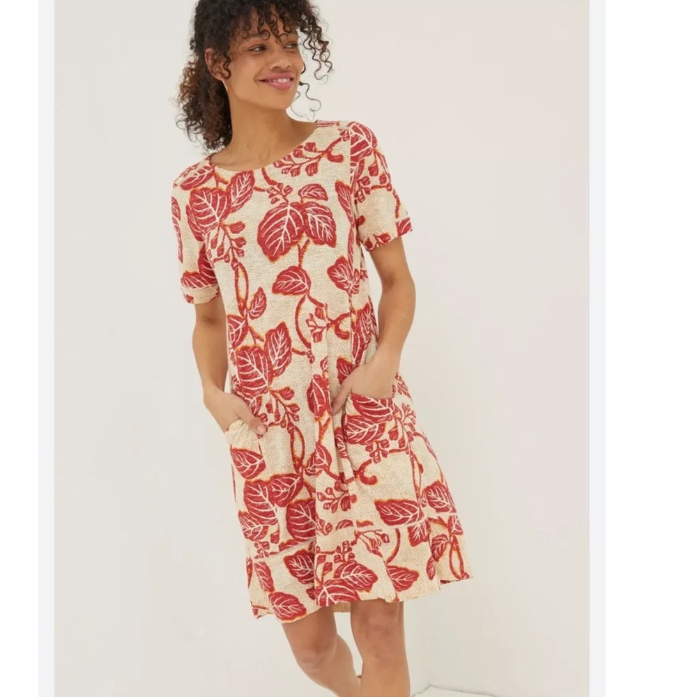 FatFace Simone Vine Dress Red Ivory Leaf Print Cotton Modal Size 6